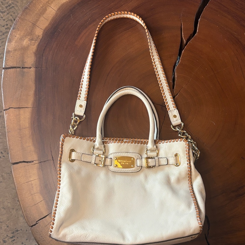 Michael Kors Hamilton Whipstitch Leather Satchel Cream Tan Gold Hardware